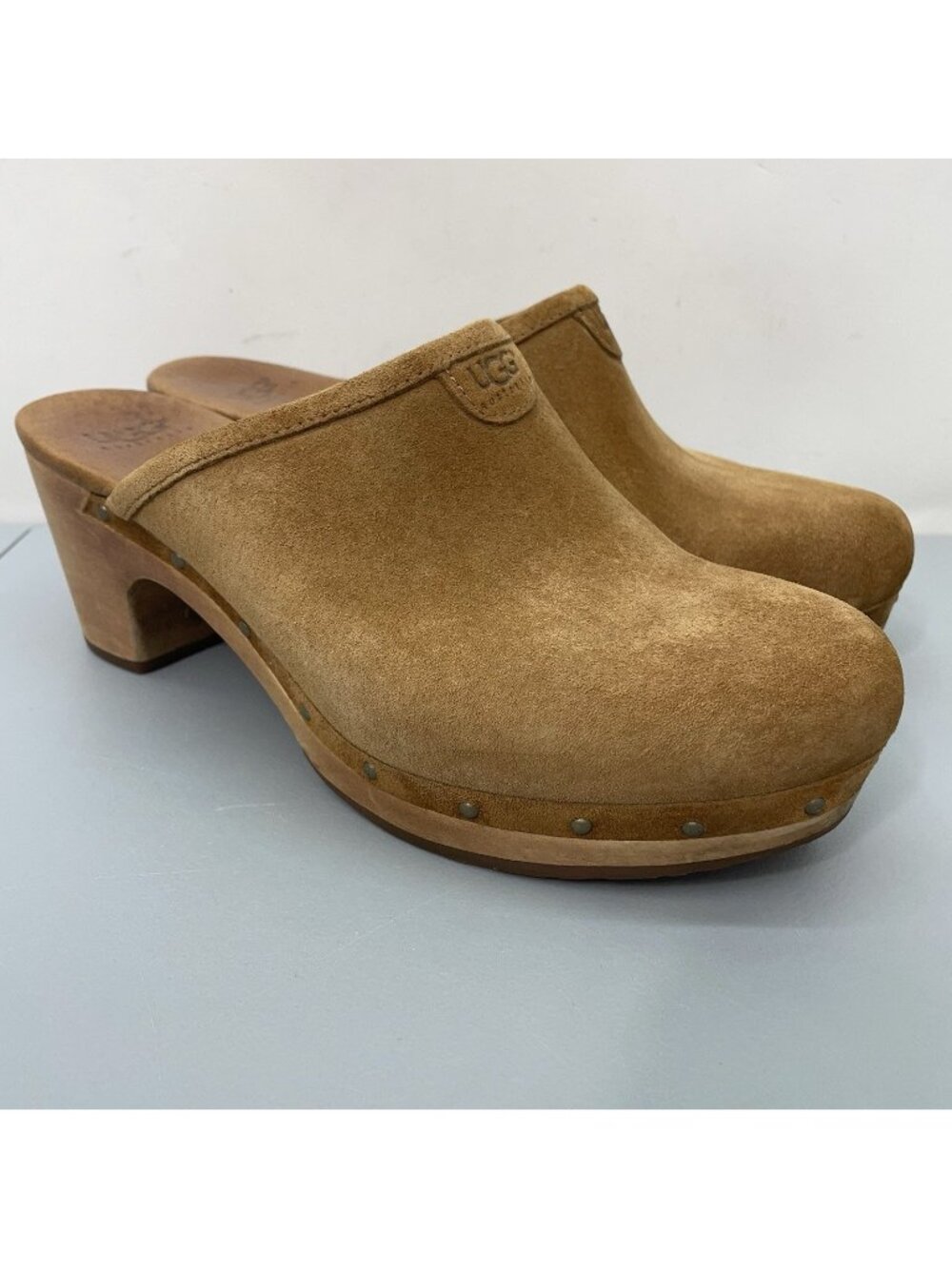 UGG Abbie Clogs Mules Studded Chunky Y2K Lined Wood Suede Chestnut Brown Women 9